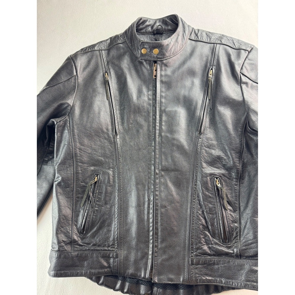 Mens Black Leather‎ Motorcycle Jacket Biker Style Quilted Accents Sz 46 NO LINER - Picture 2 of 16